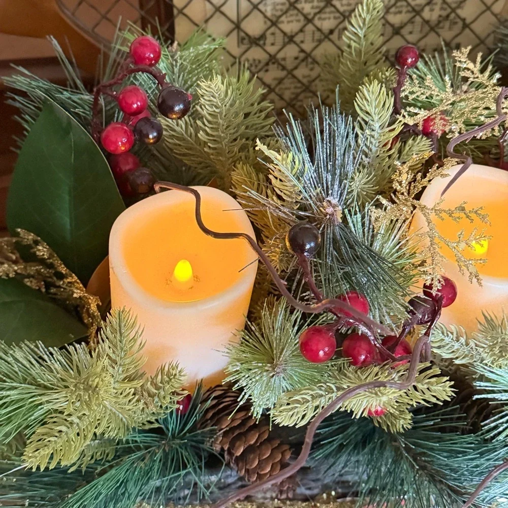 XL 25”  Festive Holiday Candle Gold Centerpiece with Greenery - Home Holiday